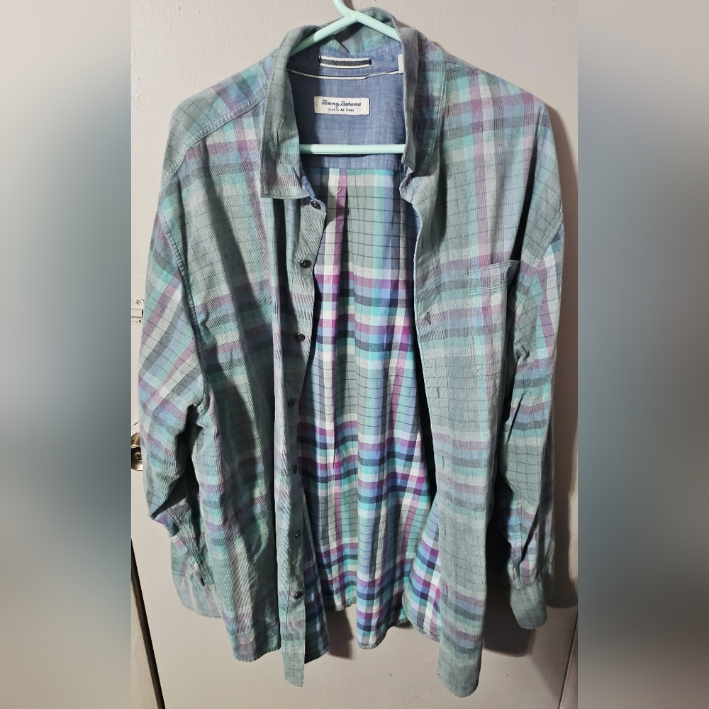 Mens Tommy Bahama coastline cord Verde plaid LS woven button up shirt size 2xlb